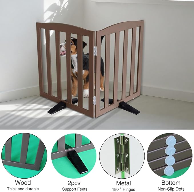 Freestanding Dog Gate Indoor,Doggie Gate Foldable Pet Gates for Doorways,Stairs or Hallways, Wooden Brown Pet Gate for The House, Pet Fence with Support Feet Included,24 "Height-2 Panels