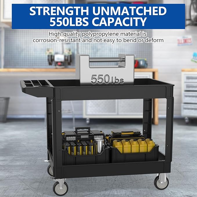 550LBS Utility Cart, 2-Tier 46x25 Inch Utility Cart with Wheels,Heavy Duty Service Cart-Lipped Shelves,Ergonomic Storage Handle and Swivel Wheels for Warehouse, Garage, Cleaning,Black