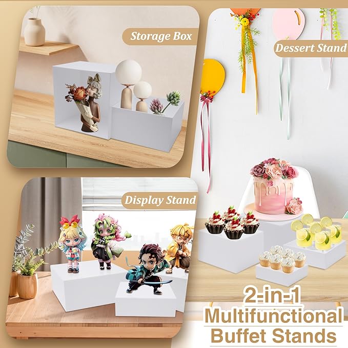 Buffet Risers, Acrylic Food Risers for Buffet Table, 8Pcs Buffet Table Risers with Mini Signs, Food Service Risers Display Stands Risers with Hollow Bottoms, 6" 6.5" 7" 8'' Risers for Buffet Jewelry