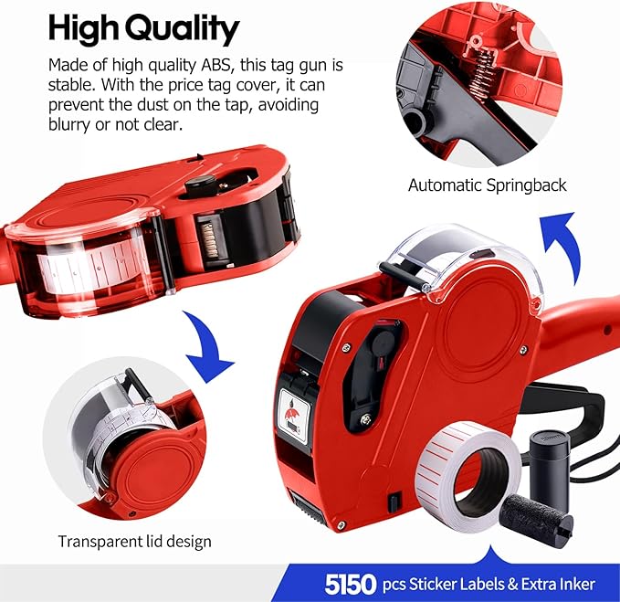 KPX MX5500 Pricing Tag Gun with 5150 pcs White Label Gun Stickers & 3 Extra Inker Rollers, Pricing Label Gun, 8 Digits Retail Pricing Gun and Labels for Grocery Store, Food (Red)