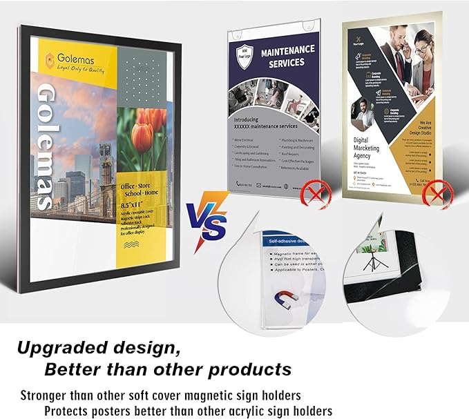Acrylic Magnetic Sign Holder, Easy-Opening 8.5 x 11 Wall Mount Display Frames, Self Adhesive Back Plastic Clear Document Frame, Horizontal & Vertical Display (Black, 12Pack)
