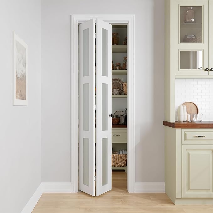 Bifold Doors for 28" x 80" Opening, 3-lite Tempered Frosted Glass Closet Folding Doors with Hardware kit Included, Easy Assembly, White