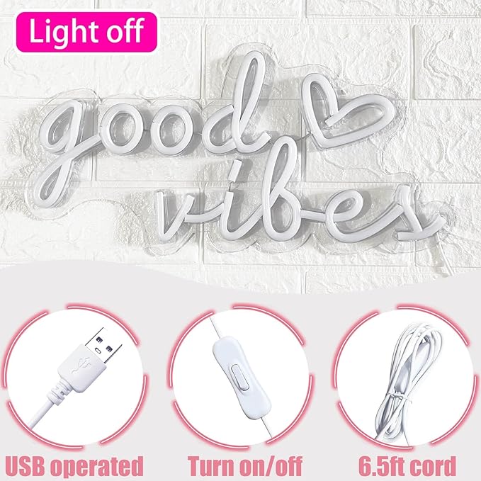 Good Vibes Neon Signs for Wall Decor, Good Vibes Neon Lights 16x8inch, USB Operated Warm White LED Signs for Bedroom, Room, Wall Decor, Birthday Party, Wedding, Salon, Bar, Home, Girl Cave