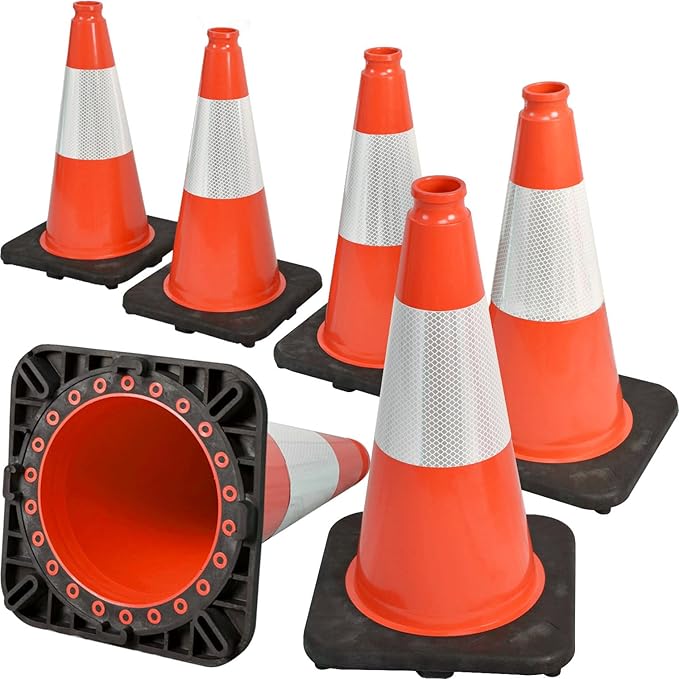 6 Pack 18" Inch Orange PVC Traffic Cones with Heavy-Duty Base, High-Visibility All-Weather Safety Cones for Road Construction, Parking Lot, and Garage Use (6, Orange, 18" Medium)