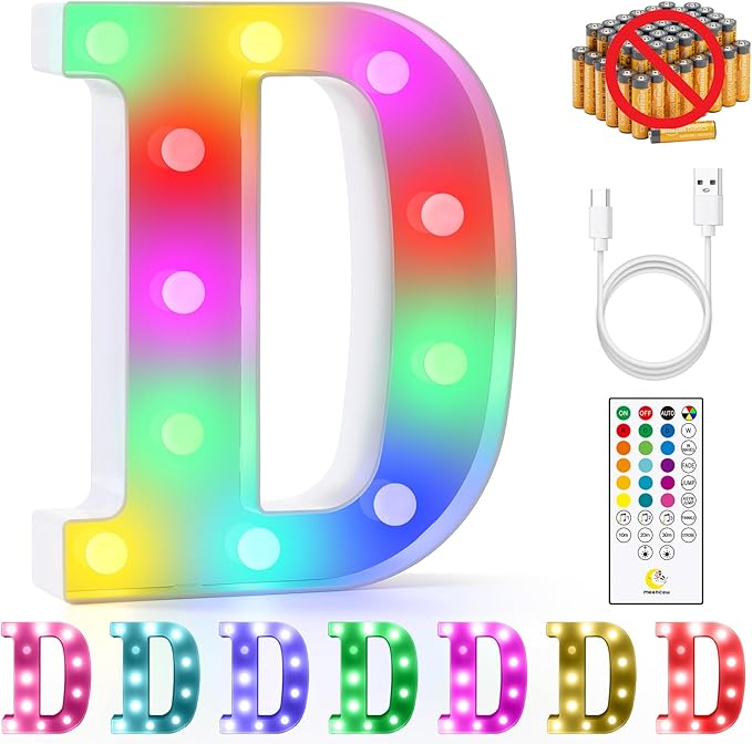 mooncow Rechargeable Light Up Letters,Colorful Marquee Letters with Remote,Gift Wrap Gifts,Bedroom Home Bar Party Decor (D)