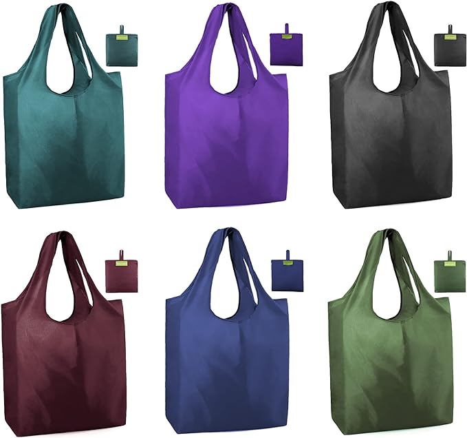 BeeGreen Reusable Grocery Bags Heavy Duty Extra Large 6 Pack Foldable Tote Bag - Cloth Grocery Bags Machine Washable Polyester Fabrics Bulk Shopping Bag - Reusable Gifts for Women (Green Black)