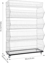 5 Tier Retail Display Rack, Rolling Storage Rack 5 Layers 35.43*16.93*53.54in Metal Display Shelf Fruit Vegetable Snack Basket Storage Supplies for Home Store Market (White, 90*43*136cm)