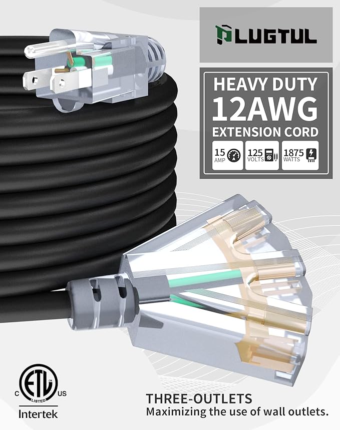15Ft 12/3 Outdoor Extension Cord with 3-Outlets, Heavy Duty 12 Gauge 3 Prong Extension Cord Waterproof with Lighted end, 15A 12AWG 1875W SJTW, ETL Listed - Great for Garage, Garden and Home, Black