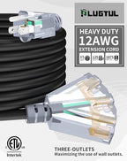 25Ft 12 Gauge Outdoor Extension Cord with 3-Outlets, 2 Pack, Heavy Duty 3 Prong Extension Cord Waterproof with Lighted end, 15A SJTW, ETL Listed, Black