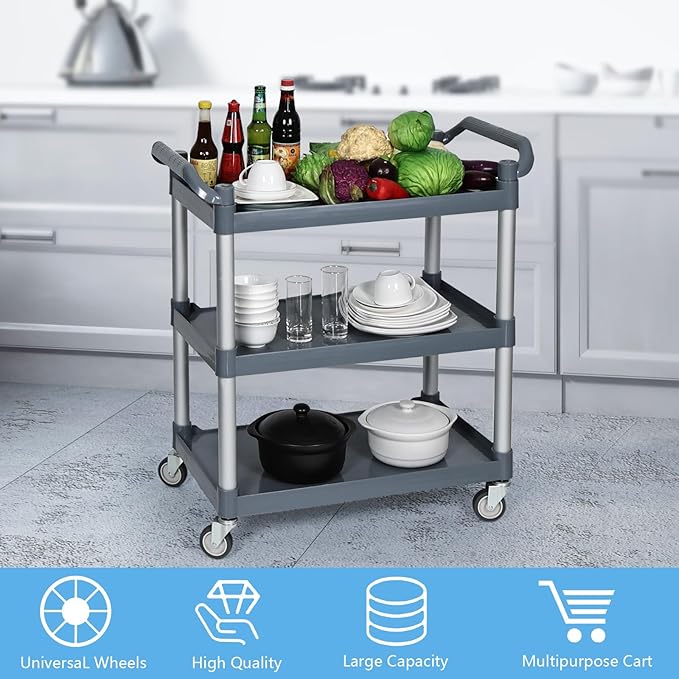 Farmoon Plastic Utility Cart with Wheels, 3-Tier Restaurant Cart, Rolling Food Service Cart, Grey