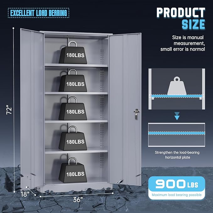 Superday Metal Storage Cabinet with Lock, 72" H Garage Storage Cabinet with Doors and 4 Adjustable Shelves,Grey Steel Locking Cabinets for Office, Home, Garage, Gym, School