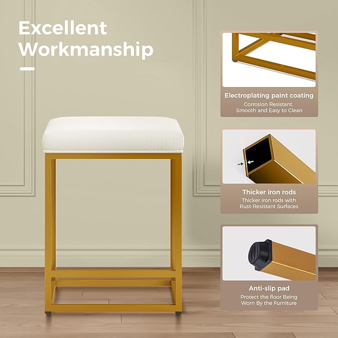 MAISON ARTS White & Gold Counter Height 24" Bar Stools Set of 2 for Kitchen Counter Modern Barstools Upholstered Faux Leather Square Stools Backless Farmhouse Island Chairs, 24 Inch Height
