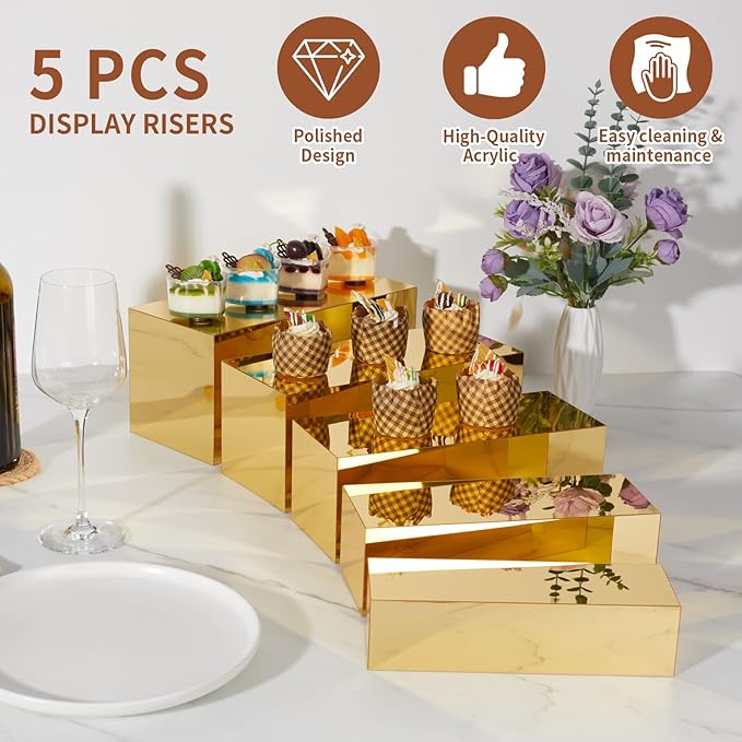 Acrylic Food Display Risers, Gold Risers Boxes 5Pcs Rectangular Display Stand Shelf Buffet Risers for Catering Dessert Buffet Table, Parties, Weddings, Collectibles Shoes Display(5pc)