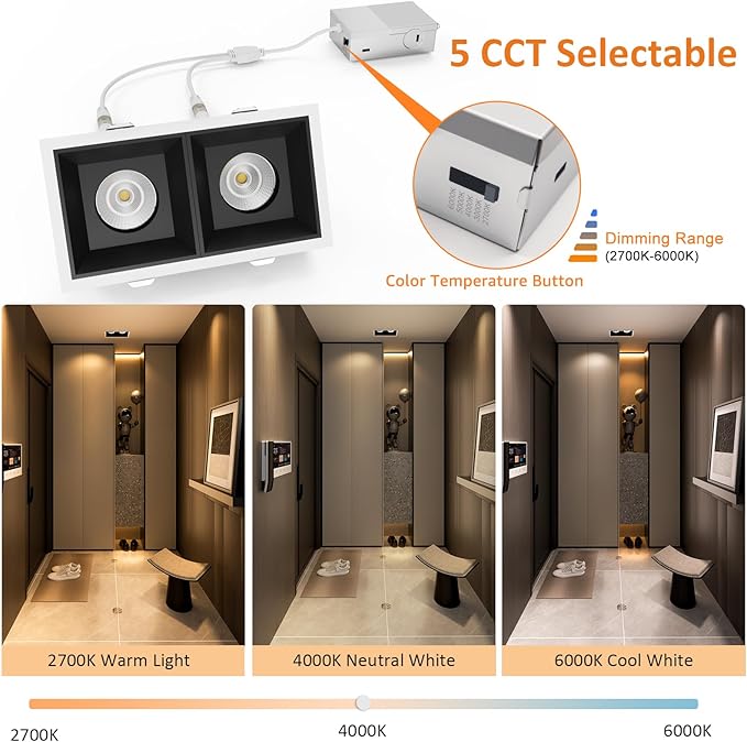 LED Square Recessed Lighting 16 Pack, 24W Adjustable Downlight, Aluminum Recessed Ceiling Light with junction Box, 5 CCT 2700K-6000K, TRIAC Dimming Rotation Spotlight for Living Room Hallway Kitchen