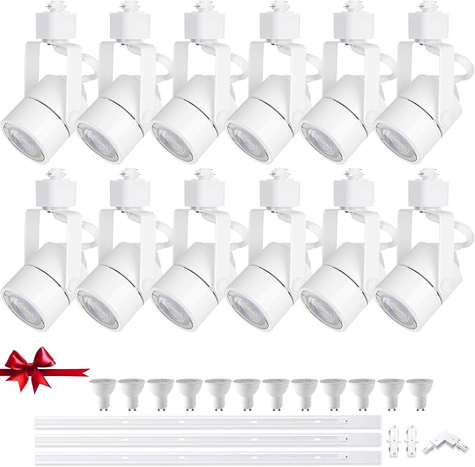White Track Lighting Heads Kits, Dimmable 12-Light GU10 LED Track Lights Extended 14.76Ft H Type Track Rails 10W 3000K Natural Light Ceiling Spotlight Fixture with Replaceable GU10 LED Bulbs