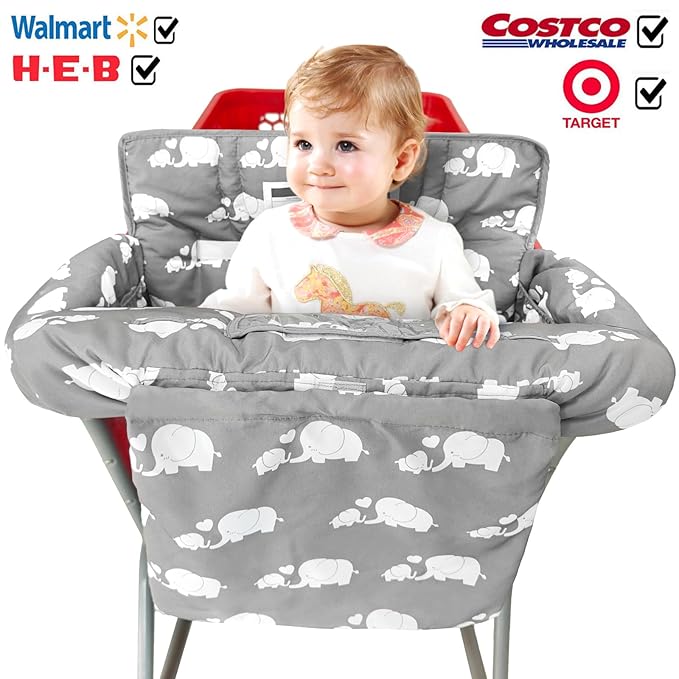 2-in-1 Shopping Cart and High Chair Cover for Baby, Padded Cover, Fold'n Roll Style, Portable with Carry Bag (Gray Elephant)