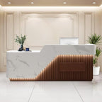 Modern Reception Desk with Counter Front Reception Table with Hidden LED Lighting Commercial Receptionist Desk White and Brown Checkout Counter Fully Assembled and Ready to Use 63inch/160cm