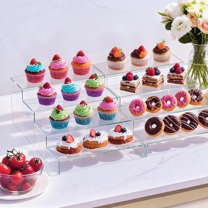 Acrylic Risers 8 Pcs – Clear Rectangular Display for Perfume Organizer, Figures, Jewelry, Dessert Table & Cupcake, 4 Sizes (7", 8", 9")