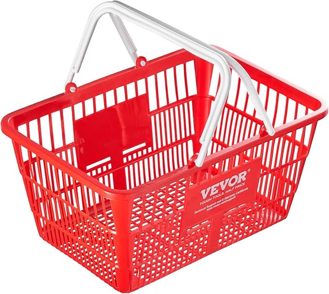 VEVOR Set of 20, 21L Red Plastic Grocery Basket with Handle and Stand, 16.5 x 11.8 x 8.27 inch Portable Shop Basket, Ideal for Retail Store, Supermarket, Grocery Shopping