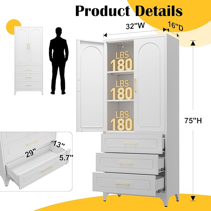 Metal Kitchen Pantry Cabinet with 3 Drawers，75 Inch White Food Pantry Cabinets for Kitchen Storage with 2 Adjustable Shelves,Tall Storage Cupboard for Living Room,Dining Room Office