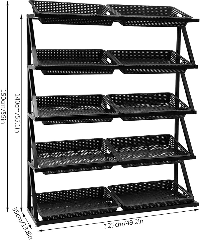 5 Tiers Retail Display Rack, Large Capacity Market Shelf Fruit and Vegetable Basket Stand Rack Set for Kitchen, Office, Store, Supremarket Utility Storage Shelves