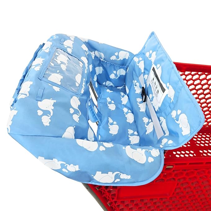 2-in-1 Shopping Cart and High Chair Cover for Baby, Padded Cover, Fold'n Roll Style, Portable with Carry Bag (Pink Elephant)