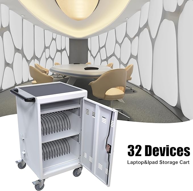 32 Devices Laptop Charging Cart, Tablet Storage Carts for Pad Up to 16.3" Screen Size, Classroom Computer Mobile Charging Station for Pads,Chromebooks,Laptops,Security Storage (White)