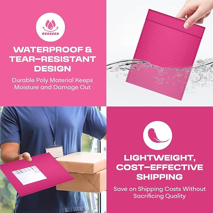 Hot Pink 10x13 Inch Poly Bubble Mailers |Self Seal Padded Envelopes for Thick books | Air Cushioned Bubble Mailer | Usable Size 9.5x13 | Waterproof Lightweight Mailing Shipping Bags | 100 Pack Bulk