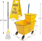 Kefanta 35 Qt Side Press Wringer Combo Commercial Mop Bucket on Wheels Set,Yellow,Include 1 Heavy Duty Industrial Mop for Floor Cleaning and Wet Floor Caution Sign