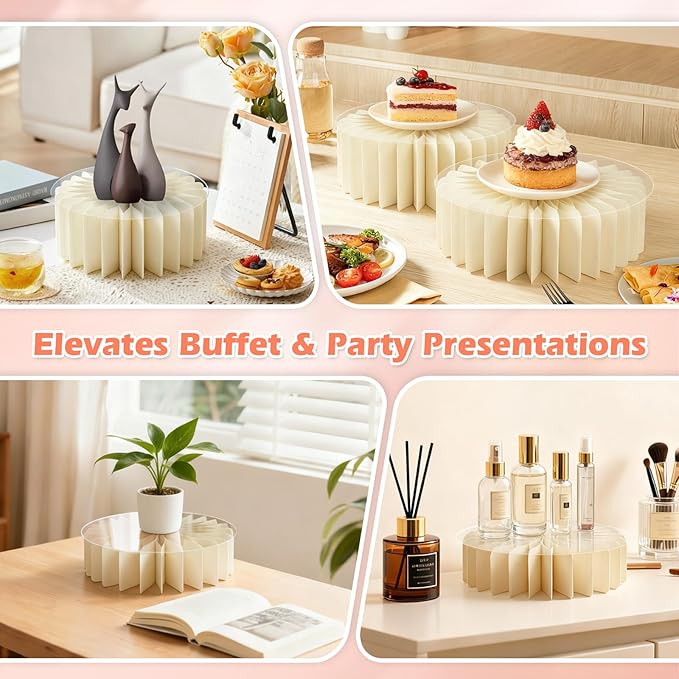 4Pcs Buffet Risers, Foldable Food Risers for Buffet Table, 12" Reusable Cardboard Display Risers Cylinder Stands with Acrylic Plates for Party, Wedding, Catering & Birthday Decor