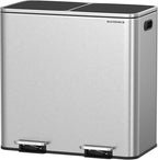 SONGMICS Trash Can, 2 x 10.6 Gallon (2 x 40 L) Garbage Can for Kitchen, with 15 Trash Bags, 2 Compartments, Plastic Inner Buckets and Hinged Lids, Airtight, Silver and Black ULTB730E80