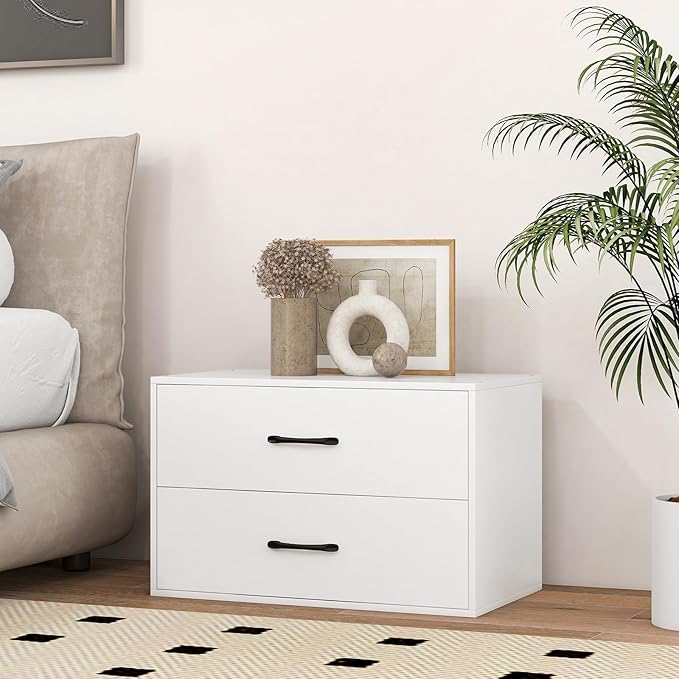 GOFLAME Stackable 2-Drawer Dresser Set of 2, Wood Horizontal Storage Organizer with Metal Handle & Smooth Sliders, Lateral File Cabinet with Anti-tilt Kit for Bedroom Office, White