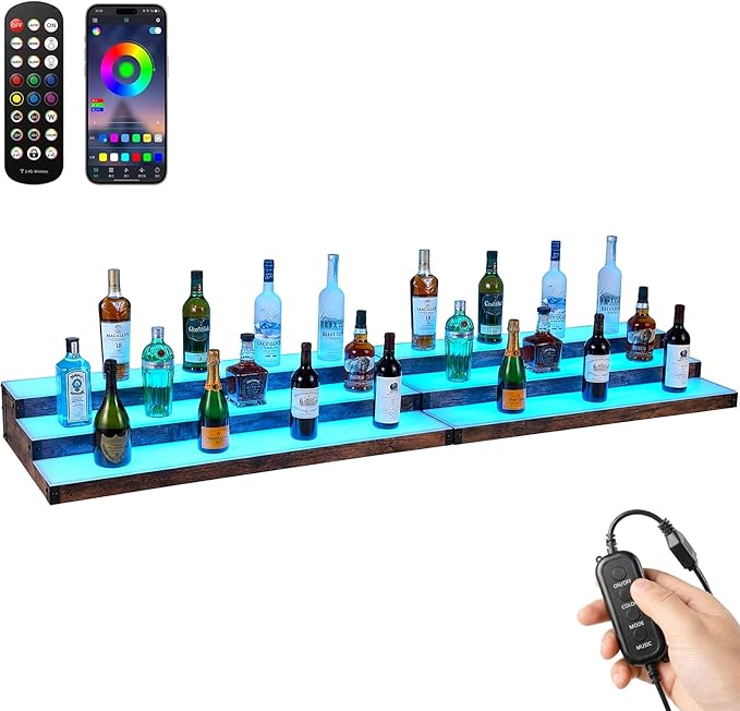 2Pack 3 Tier LED Lighted Liquor Bottle Display Shelf - 60" Total Length,RGB Countertop Bar Shelf with RF & App Control,7 Static Colors Music Sync,Timer,Lighted Bottle Shelf for Home &Commercial Use