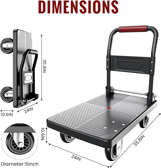 Upgraded Foldable Push Cart Dolly | 780 lbs.Capacity Moving Platform Hand Truck | Foldable for Easy Storage | 5'' PU 360 Degree Swivel Silent Wheel-Black