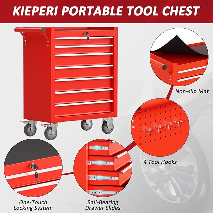 7 Drawers Rolling Tool Chest with Wheels, Portable Rolling Tool Boxes with Wheels, Tool Box Storage Cabinet with Locking System for Workshop(Red, 7 Drawers)