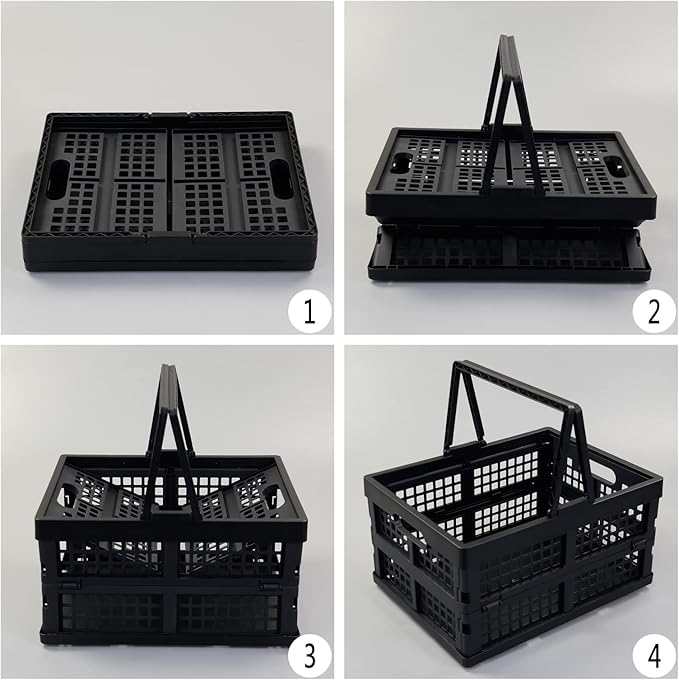 2 Pack Folding Plastic Crate, Collapsible Shopping Basket with Handles