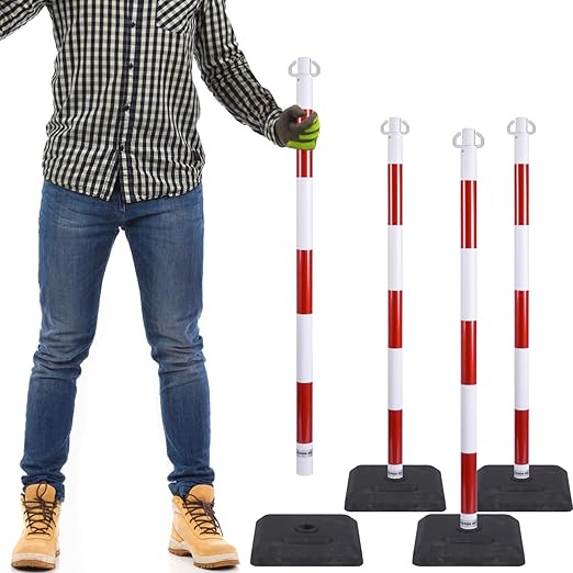 4 Pack Red White Portable Work Zone Chain Post Set, Premium Crowd Control Stanchion Sets, 40" H Traffic Delineator Post Cones with Heavy Rubber Base, 80" Plastic Chain Barriers