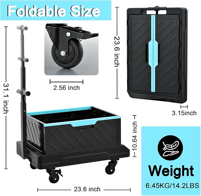 MAXMAN Folding Hand Truck, 132Lbs Heavy Duty Foldable Dolly Cart with 4 Silent Wheels and Adjustable Handle, 2-in-1 Multifunctional Portable Wagon for Moving, Camping, Travel, Shop, Warehouse, Blue
