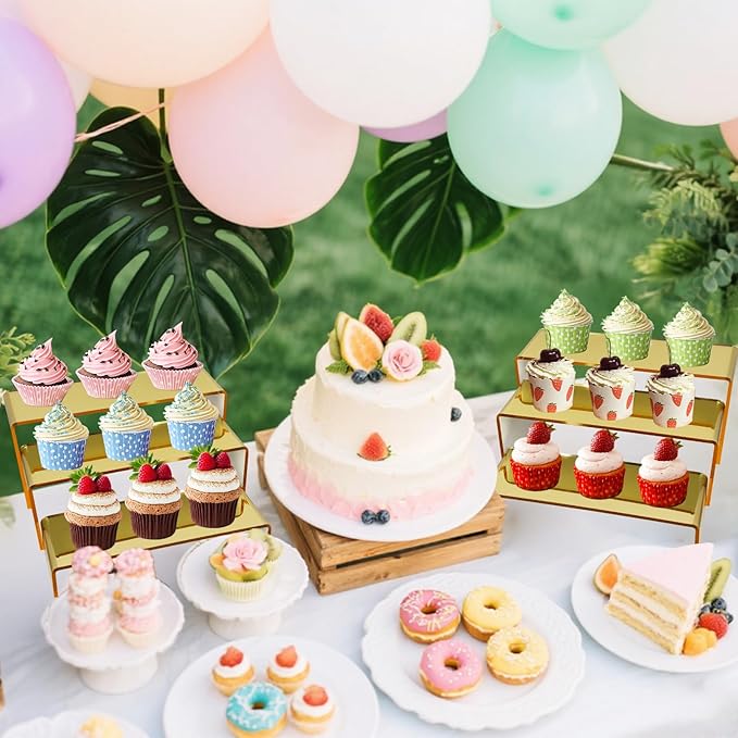 Acrylic Display Risers 2 Sets 3 Tier Cupcake Stand for Dessert Jewelry Pop Figures Shelves Retail Shoe Showcase (Gold)