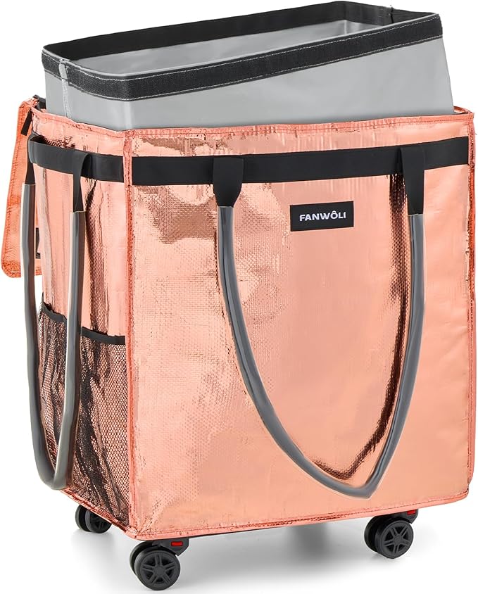 (Large) Fanwoli Reusable Grocery Bag On Wheels with Removable Liner | Wrinkle-Resistant Fabric | Enhanced Stability Wheels & Extended Handle | Foldable Shopping Trolley for Laundry, Carries Up to 130L