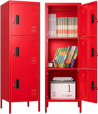Aobabo 16" W 3 Door Metal Storage Locker with Lock, 47" H Steel Locker with Name Card Holder and Metal Leg for School, Home, Office, Playroom, Assembly Required, Red