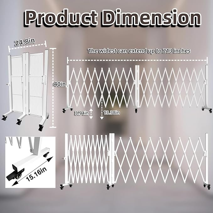 TSAYAWA Retractable Fence Outdoor, 216" Wide Expandable Driveway Gate for Dogs, Aluminum Portable Retractable Barricade for Garage, 18 Feet Expanding Security Gate with Casters, Rotatable, White