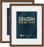 VCK 16x20 Picture Frame 2 Pack - Brown, High-End Wood Poster Frames with Tempered Glass, Display 11x14 Photo with Mat or 16x20 without Mat, Art Gallery-Quality, Wall Hanging, Brown