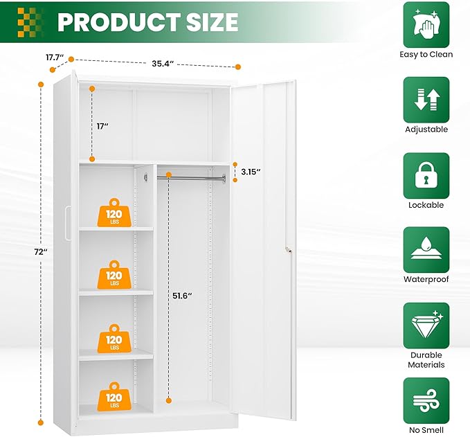 Broom Closet with Lock, Metal Storage Cabinet 36" Wide, 5-Tier Steel Utility Cabinet with Hanging Rod & Doors for Garage, Laundry Room, Warehouse Storage