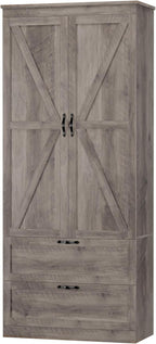 HOSTACK 70" Tall Kitchen Pantry Storage, Barn Doors Pantry Cabinet with Drawers and Adjustable Shelf, Modern Farmhouse Storage Cabinet for Kitchen, Dining Room, Living Room, Bathroom, Ash Grey