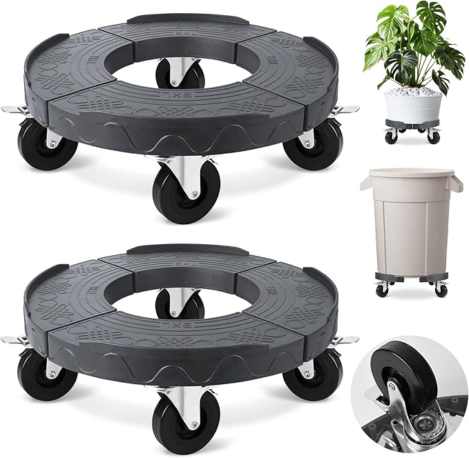 ToLanbbt Trash Can Dollies with 3 in Upgraded Wheels, 15-19 in Adjustable Round Furniture Dollies Heavy Duty 480 LBS Drum Rolling Base, Keg Carts for 20, 32, 44, 55 Gallon Garbage Cans, Gray, 2 PCS