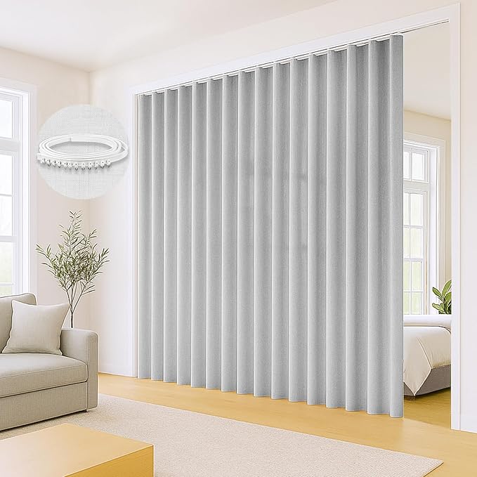 Faux Linen Semi Sheer Room Divider Curtain with Ceiling Track, Extra Wide 1 Panel Light Filtering Privacy Curtain for Patio Sliding Glass Door or Room Divider, Living Room, Bedroom, Natural, W100xL84