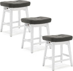 Counter Height Bar Stools Set of 3 for Kitchen Counter Farmhouse Modern Barstools with Faux Leather Upholstered Backless Seat and Solid Wood Legs 24 inch Bar Chairs, Grey + White