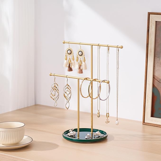 Gold Jewelry Holder Stand with Ceramic Tray: Small Hanging Necklace Organizer Tree for Earrings, Bracelets, Rings – Jewelry Display Hanger for Women & Girls, Green