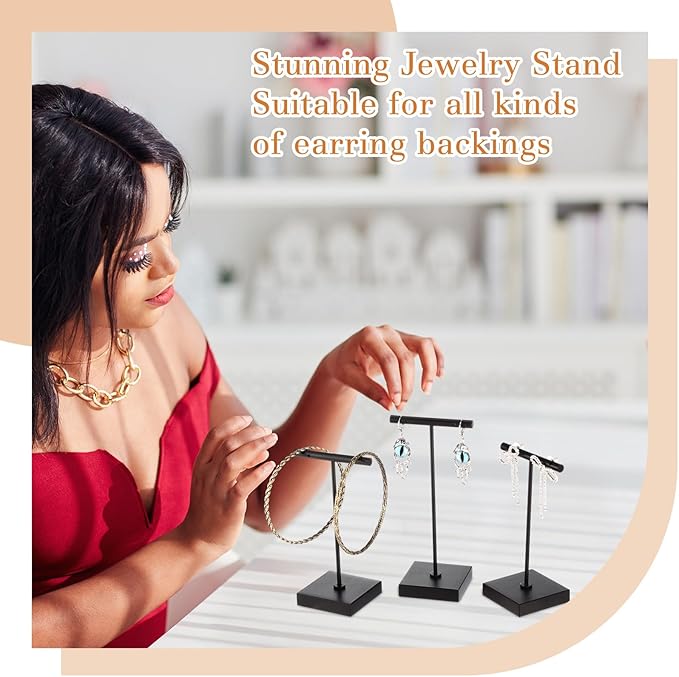 Kigeli 6 Pack Metal T Bar Earring Display Stand Retail Earring Display Holder Detachable Metal Earring Display Storage Rack Jewelry Photography Prop, Square Base, Height 4.3" and 5.1" (Black)